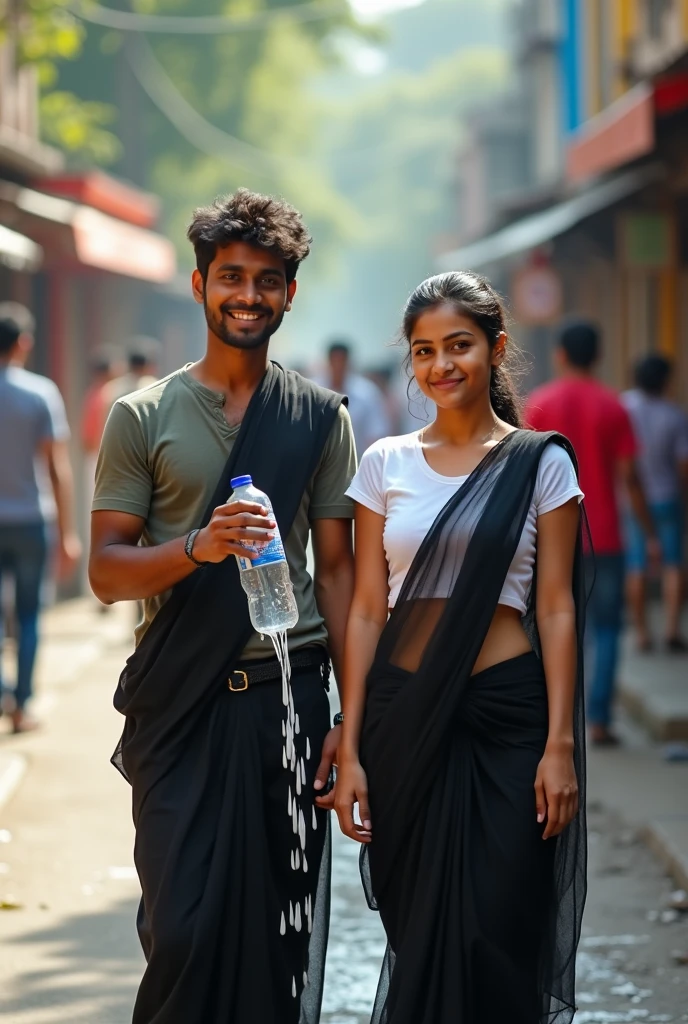 a real Indian 23 year old boy 16 year old beautiful slim girl have a big boobs and showing cleavage in black trancperant saree, girl without any blouse and bra , see this side boy chatching a watter botel hands and water falling on girl's brest, and girl are smile wearing white transparent t-shirt there are some other people on the road, front facing , the background behind the boy and girl is blurred, beautiful realistic photo, very beautiful photo, 4k hd realistic image.