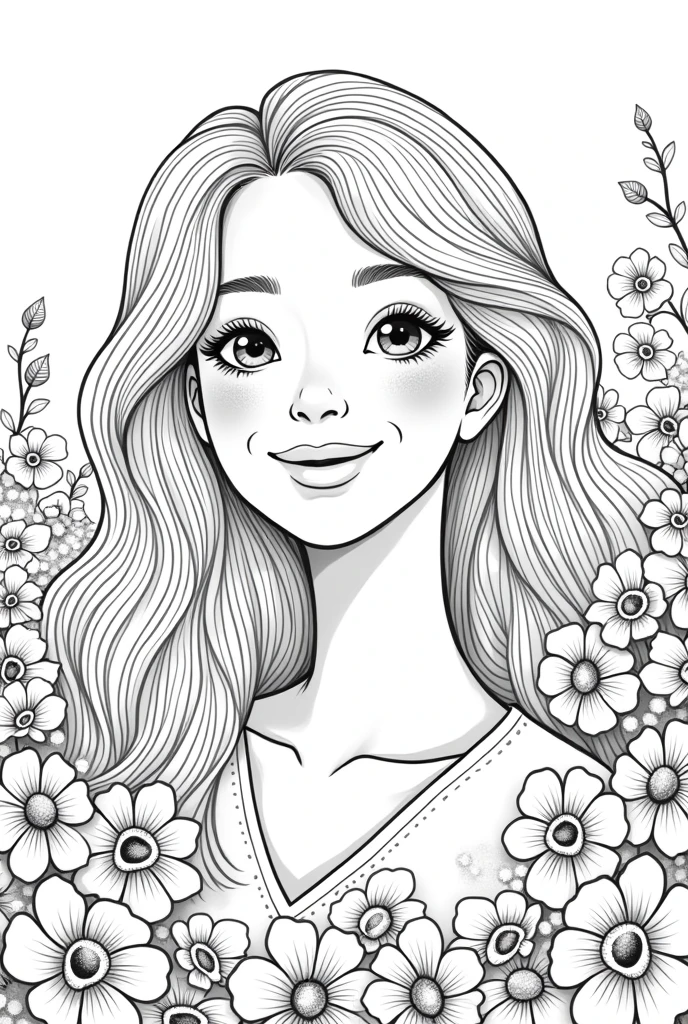 Give me a cute and fantastic lady coloring book pages flowers background no color no grayscale no shadow high details but the design is simple and bold
