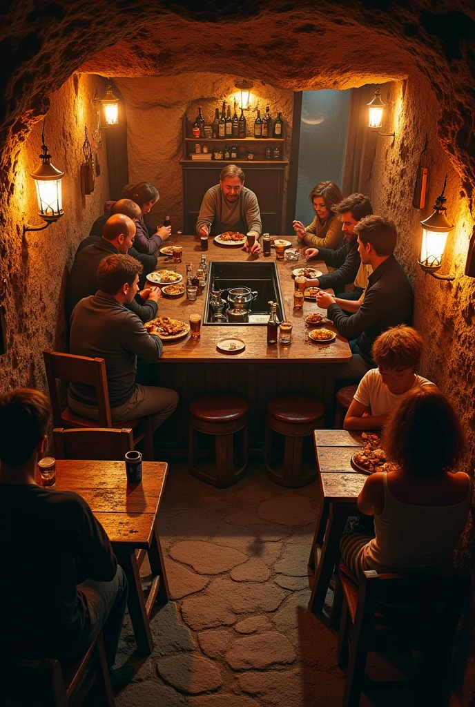 THE PUB WAS in the basement, and wobbly stairs directly within the door led us down into the dim throng.Humans gathered at mismatched wooden tables on mismatched wooden stoolsThe walls were made of stone and clay, tiny windows at the top revealing peeks of the streets. Lanterns along the walls drenched the whole room in warm orange light. At the pub’s center was a square counter, where a barkeep poured drinks and slid food to waiting patrons.It was dark and crowded inside.