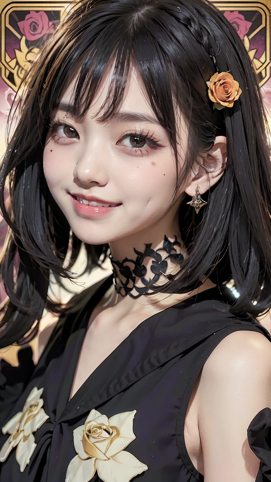 Realistic、masterpiece、Highest quality、Highest quality、Tarot Card Style、Purple rose background、一人のwoman、Devilish image、Upper body photo、Gothic punk costumes、(Black Hair, Long Hair:1.2)、Natural Makeup、Draw lots of eyelashes、Deep orange blush、Grin, Showing teeth、cheeks turn a little red、woman
