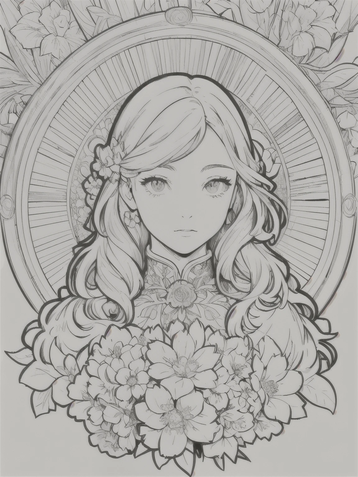European woman face portrait、Long Curly Hair、blonde、Floral frame、Decorative panel、Abstract Art of Alphonse Mucha、sketch、Character Line、Scenes without color or shadows。 (masterpiece、Highest quality、High resolution:1.4)、detailed、複雑なdetailed、4K、Splashes of color、Line art、Fibonacci、