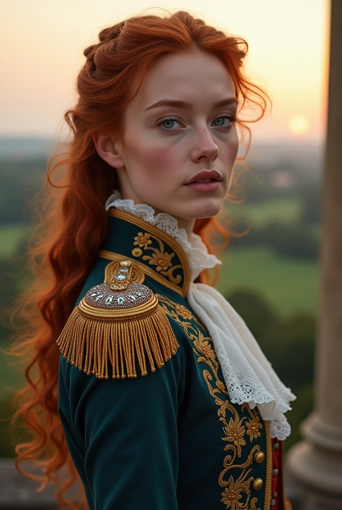 A ginger woman thats an attractive half irish & half German model with blue eyes while dressed in 18th centurie French military uniform fashion