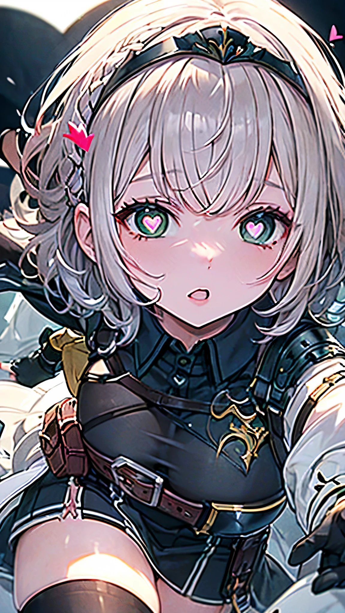 (Highest quality:1.2), (Super detailed:1.2),(masterpiece:1.2),(8k:1.2),(Blessed,Captivating body、Extremely elaborate hands、Very fine eye、Super detailedな肌、Highly detailed face,Detailed Background), (aanoel, medium hair, green eyes, hairband, blue collar, shoulder armor, cleavage, mole on breast, armored dress, Chest belt, gold trim, fingerless gloves, black gloves, brown belt, pouch, pelvic curtain, black thighhighs), (heart-shaped pupils,close-up:1.4)