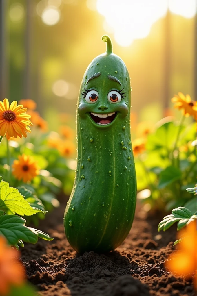 A cheerful cucumber with eyes in the garden