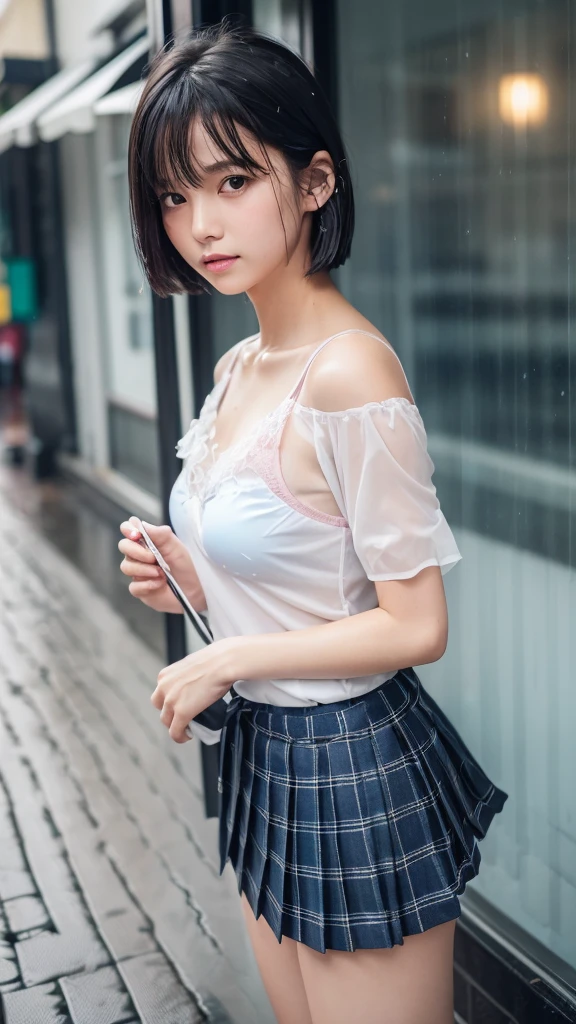 (8k, Photorealistic, Raw photo, Highest quality: 1.4),Japanese idol-style beautiful girl,1 person,(Short Bob),(Black),She has her hair tucked behind her ears,(Raindrops dripping from hair),Clear grey eyes,Eyes moist,Long eyelashes,(piercings(small)),(Lip gloss),lips(Plump,glossy),Skin that is as white and smooth as translucent porcelain,Thin and delicate shoulders,thin abdomen,(blouse(White,Short sleeve)),(bra(Pink)),(Pleated skirt(Plaid)),(socks(Dark blue)),(loafers),summer,On the way home from school,(It is raining suddenly),(Taking shelter under the awning of a cafe),(Soaked from head to toe),(Shirt wet and clinging to skin, translucent),(Raindrops are dripping down my chest.),(Stand with your feet together),(She looks out at the rainy street),(A cafe window as a backdrop),(A view from across the street, from her perspective),(Medium-range shooting),(Snap a full body shot)