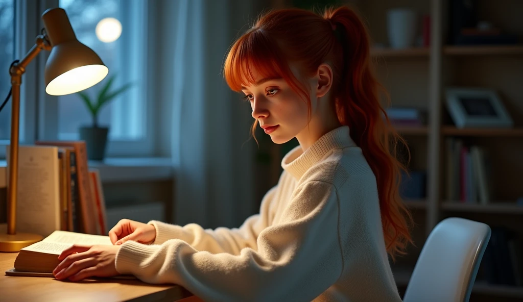 An anime-style illustration of a young woman, around 22 years old, long red hair styled in a pony tail and striking brown eyes, white sweater, sitting in a white-chair at desk near a window, ((reading a book)), ((looking at a book)),white-headset, night, in a room, moon light, side angle, wide shot, 8k, ultra hd image,