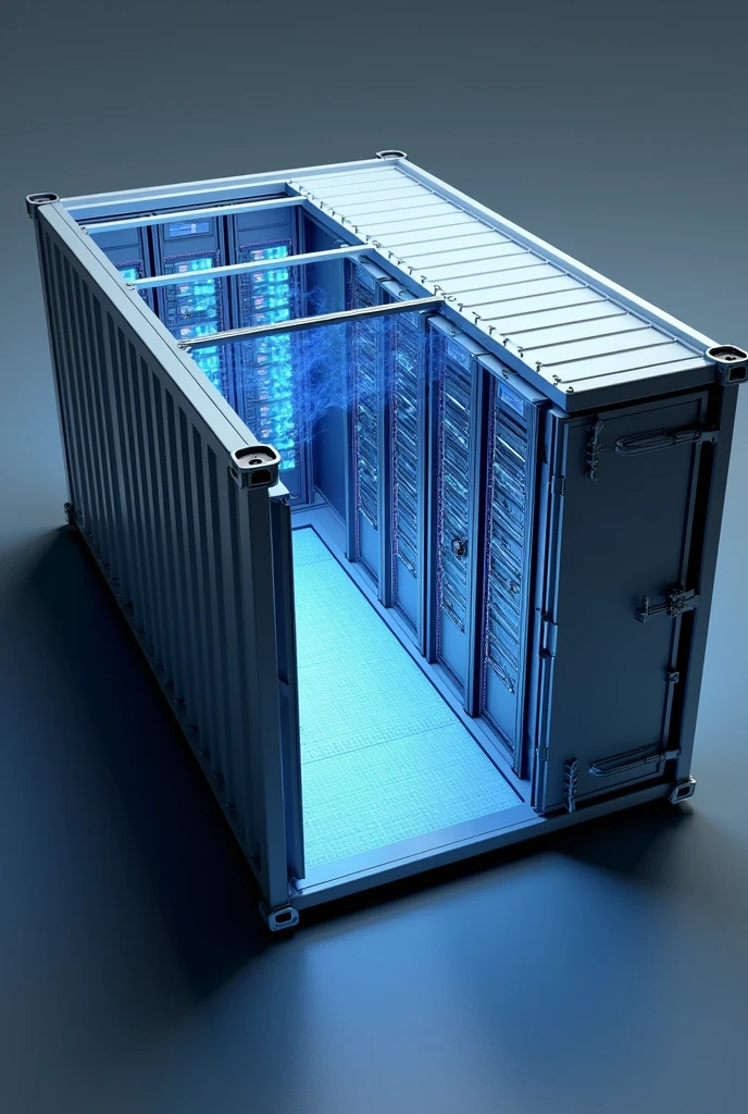 Create a 3D rendering of a modern datacenter container viewed from slightly above. The container is rectangular with a clean, industrial design. The long sides of the container should feature 20 midsize air fans each, arranged in two parallel rows. On one of the long sides, the air fans are positioned to pull air into the container. About 50 cm in front of these fans, install evaporative cooling pads mounted on a sturdy steel construction, adding an extra layer of cooling as the air enters the container. On the opposite long side, the fans are designed to expel air out of the container, showing a clear and efficient airflow system.

The view should be from above, with the roof of the container partially transparent to reveal the interior setup. Inside, a single row of datacenter racks is positioned in the middle of the container, running from one smaller side to the other smaller side. The racks are neatly organized and filled with server equipment, aligned centrally to allow the cooled air to pass through efficiently, ensuring optimal cooling for the equipment. The interior should have a high-tech appearance, with visible cables, blinking lights, and various technical components.

On one of the smaller sides of the container, include a secure, reinforced door, designed to allow controlled access to the interior. The overall mood should be realistic and slightly futuristic, with careful attention to detail in the design of the container, the cooling system, and the datacenter racks. Lighting should be cool and industrial, with subtle reflections on the metallic surfaces of the fans, racks, and steel construction.