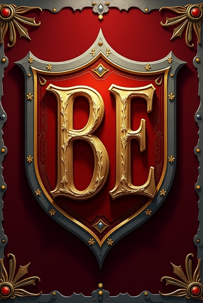 blason elfique en forme de bouclier dessin
lettres B E I entrelacées
couleur ambre pour les lettres fond bordeaux
contour liseret gris