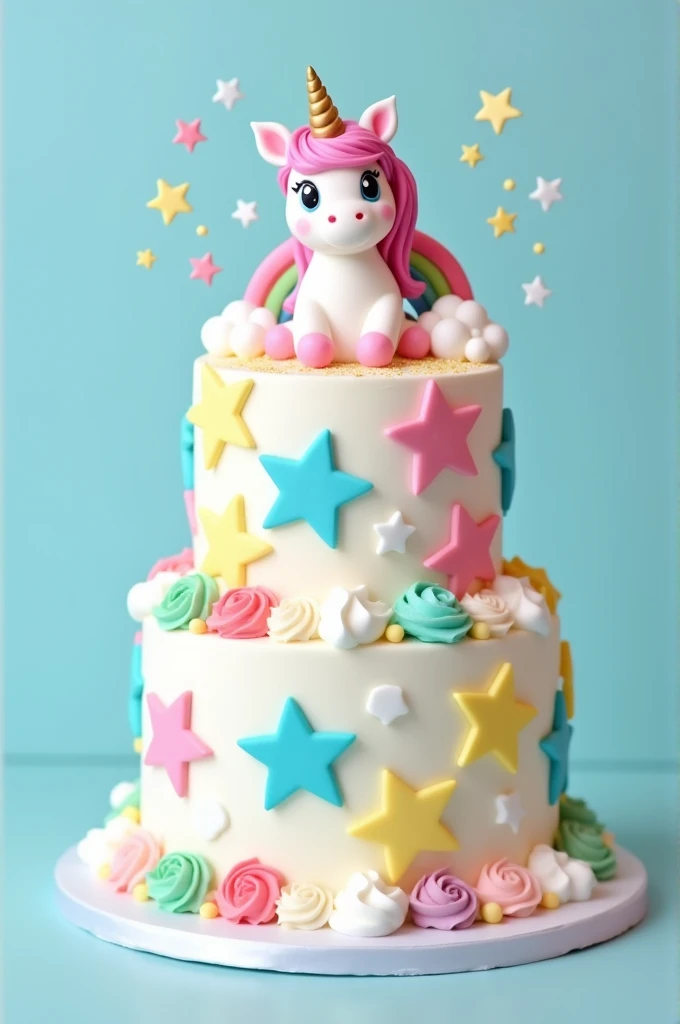 2 tier white cake with multiple colours stars and white cloud and cute unicorn and rainbow on the top
