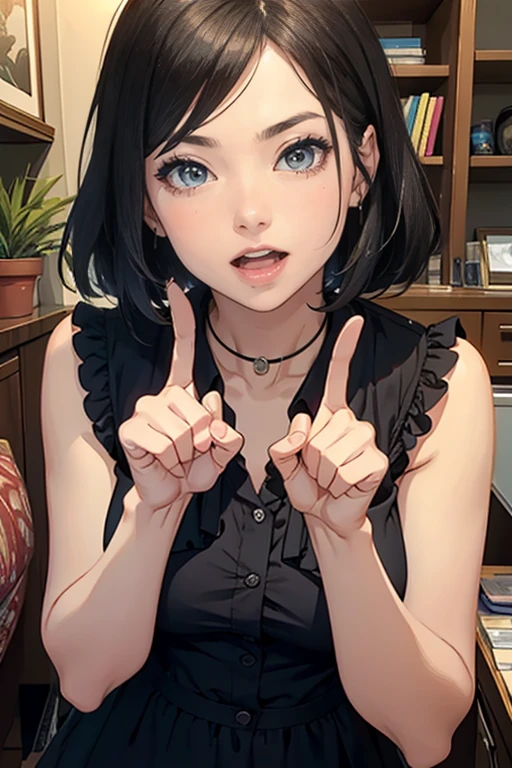 A woman making a funny face with both hands.,