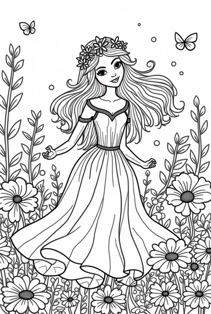 Give me a cute and fantastic lady coloring book pages flowers background no color no grayscale no shadow high details but the design is simple and bold