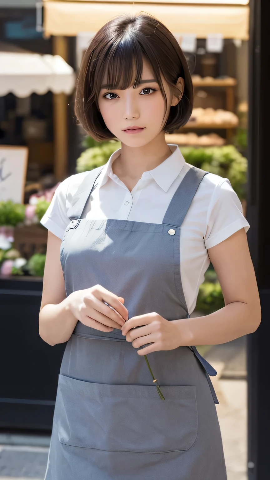 (Ultra-realistic), (figure), (High resolution), (8k), (Very detailed), (Best figure), (Beautiful and detailed), (Highest quality), (Super detailed), (masterpiece), (wallpaper), (Detailed face), alone, One Girl, watching viewer, Florist clerk、apron，、Less exposure、Fine details, Detailed face, In the Dark, Deep Shadow, Modest, Pure Erotic Face Ace_v1, cool, short hair, Pointed diagonal bangs，Aoyama Street