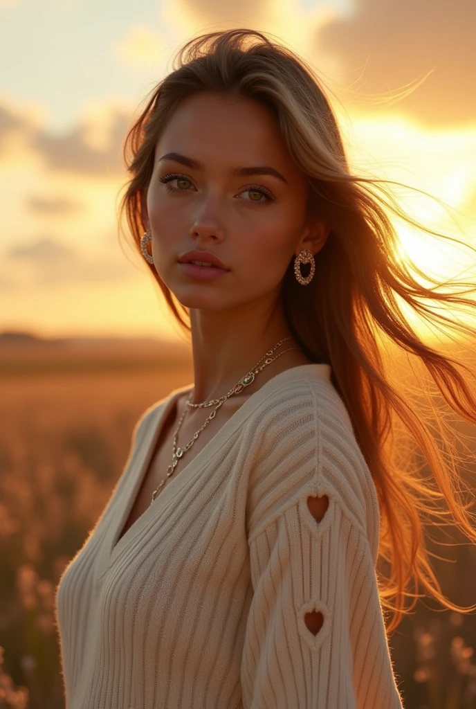 masterpiece, (photogenuineistic: 1.4), highest quality, beautiful lighting, outdoors, single girl, alone, jewelry, earrings, long hair,Hair flowing in the wind、Sun rays、 (iridescent eyes、fine eyes、plump lower lip:1.2), outdoors, big breasts, Scapula, Lips that shine with glitter,smile、 null, sunset,genuine, bangs, (golden ratio face,round face contour:1.2)、cloud, necklace, pillar、(big breasts:1.8),(CG Unity 8k High Resolution Wallpaper), Complex, high detail, sharp focus, dramatic, beautiful girl, RAW photo, 8k UHD, film grain、virgin killer sweater, (ivory sweater dress:1.2), ribbed sweater,side boob,cleavage heart cutout,(ivory sweater:1.3),crop top navel,(brown skin:1.5)、beautiful feet、(emphasize the thighs:1.8)、narrow、(spread legs:1.4)、(from below:1.4)