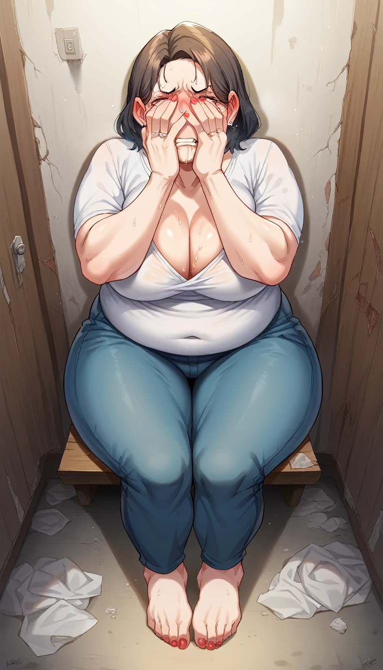 A person , Mature Woman Housewife Clothes, Mother, blush, abandoned in a pout,big breasts、vapour、sweat ,big fat Chubby bbw Wide hips, langerie, Barefoot painted nails,Crying of pain,I was scared and hid on the floor ,begging for alms for the viewer ,wedding ring,covering face ,