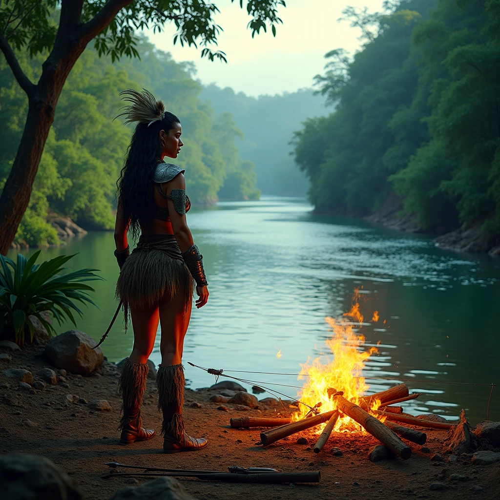 A vast, wild river、A campfire on the riverbank、An Amazonian warrior camping in the wilderness、Beast meat roasting over the flames。Partial metal armor、A bow and arrow lie at her feet。