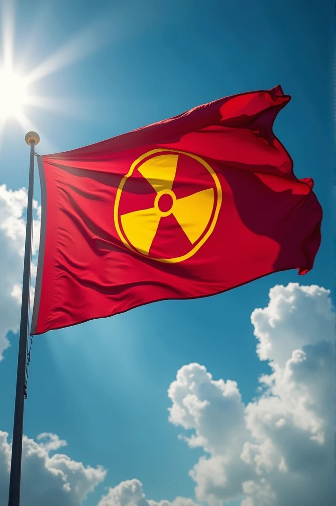 Give me a pic of red flying flag where a radiation logo is marked
