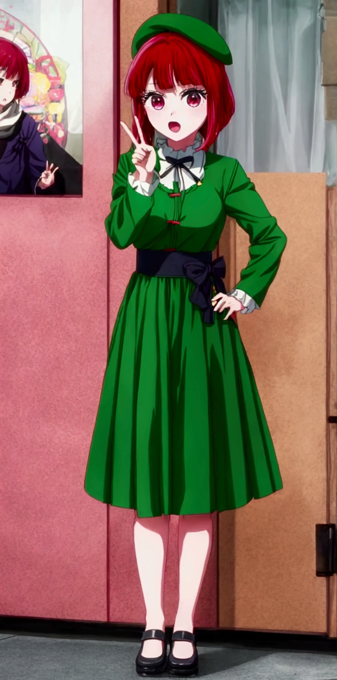 Red-haired anime character in green dress making a peace sign, close up Another Iwakura, Cute anime visuals, juri misaki, Another Iwakura, , yuruyuri, close up of Another Iwakura, Today's featured anime is still, rei hiroe, Chiho, Close up of a young anime,Green beret,(full body:1.2)
