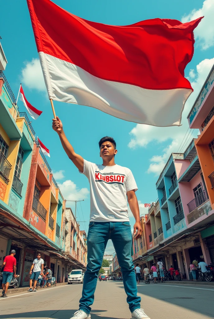 Produce a Realistic 30 year old boy, wearing a white t-shirt, blue jeans, sneakers, and name "KLUBSLOT" written on his shirt and the boy is standing on the street holding the Indonesian national flag, and behind it is Red For Indonesia. and written in the sky Independence Day "create high quality Realistic images, in comic book style