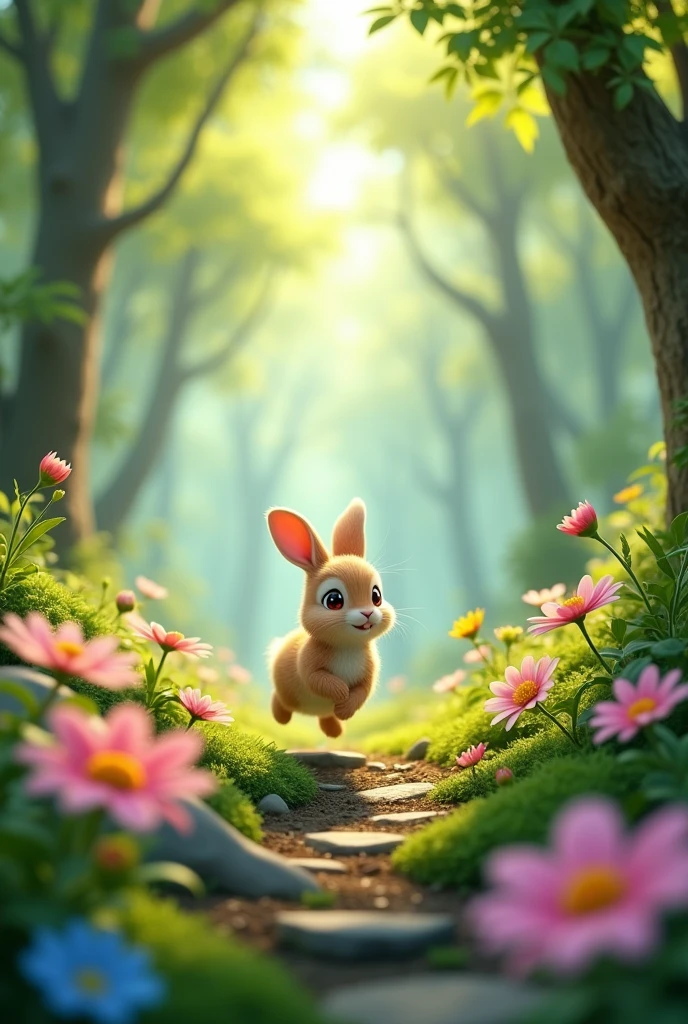 In 3d animation style "Illustrate a peaceful forest scene with a small, playful rabbit hopping around joyfully. The forest is lush with tall trees, vibrant flowers, and a gentle sunlight filtering through the leaves."