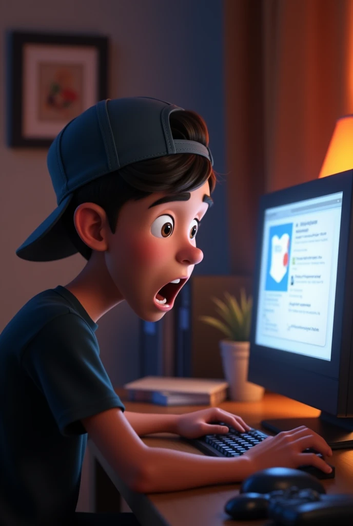 ( male character) a young boy animated film in the Disney Pixar style, high qualiy, best quality , pretty face dark skin, short and straight hair , beautiful eyebrow , wears black shirt , wears a cap backwards, is messing around on the computer in his room, on the mailbox screen , hands on keyboard , viewed from the front of the computer, facial expression of shock on the face, scared, wide eyes and open mouth