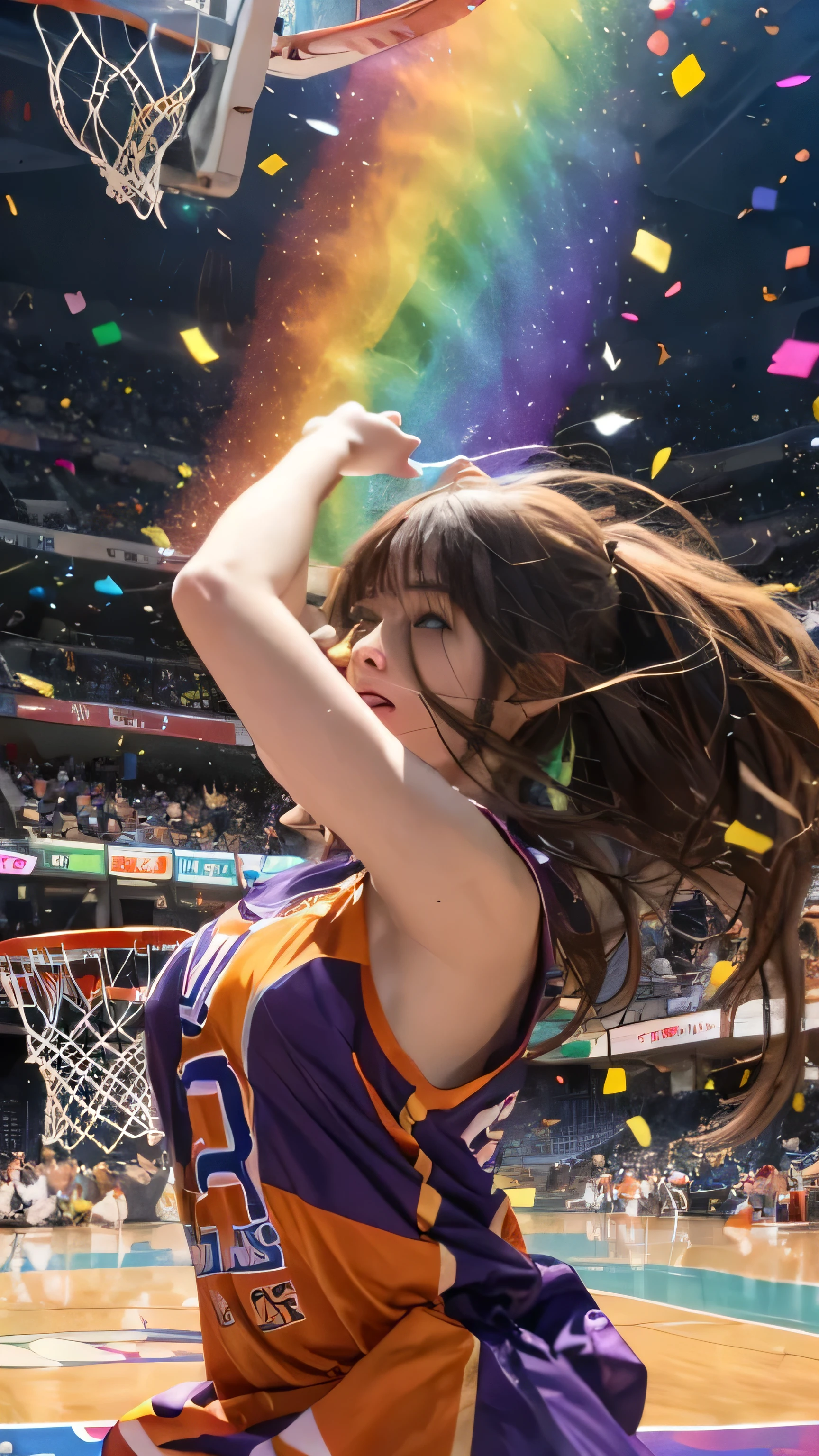 (masterpiece, Highest quality:1.2), 8k, Young and beautiful girl, (((RAW Photos:1.4))), Baby Face、Unbelievably absurd, Very detailed, delicate and dynamic, Natural light, The particles reflect the colors of the rainbow, Diffuse reflection of light, Vortex of Light, A lot of rainbow confetti falls, Basketball court, night, illumination, Create amazing image effects, Upper body close-up, (Only, Firm Bust, , Powerful, Game-winning dunk by a professional basketball player, Hollow, Floating in the air, Basketball Uniform,)