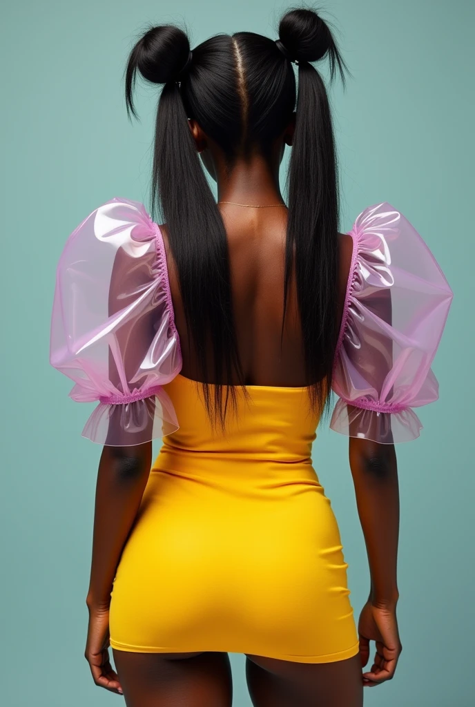 (CherokeeDass × Vixen × Selenis Leyva × Blac Chyna × Megan thee Stallion), Vue arrière d'une femme adulte avec un petit cul , La coiffure est une queue de cheval jumelle, une mini-jupe, une mélanine foncée, des tons principalement lilas et jaune doré, une taille de guêpe incroyablement , avec beaucoup de pièces gonflables transparentes et des manches bouffantes, physique : (butin : hanches : taille : fesses : ), (focus : 2), tendance sur DynastySeries, couture cellophane, la circonférence des membres inférieurs dépasse de loin les 200 pouces de hanches et des jambes épaisses, elle a des mesures de hanches massivement immenses et réalistes