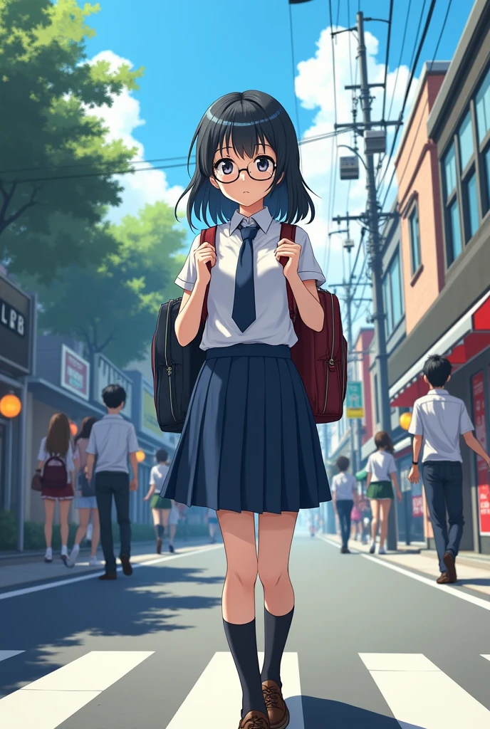 masterpiece, best quality, Super detailed, illustration,, (Well equipped:1.4), 1 girl, Glasses, Large Breasts, tie, skirt, Bags, Uniforms, black hair, outdoor, road, between breasts, street, school Bags, ground vehicle, Community, Japan,,