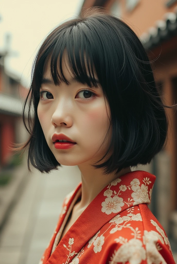 editorial photography,super detailed background,Super realistic,double exposure,depth of field,cool beauty super skinny vides,soft focus sepia color tone,narrative scene,Zen city,open Crimson lips,Wabi-Sabi,narrow eyes,unbuttoned geometric kimono,portrait photo,looking away,super short straight hairstyle,
