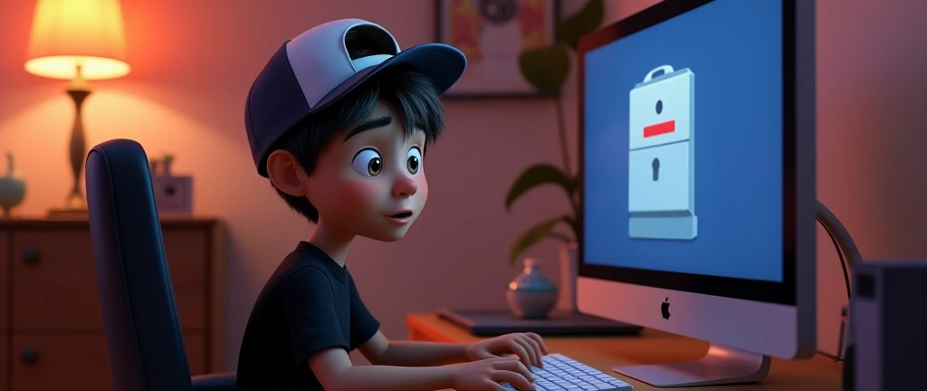 ( male character) a young boy animated film in the Disney Pixar style, high qualiy, best quality , pretty face dark skin, short and straight hair , beautiful eyebrow , wears black shirt , wears a cap backwards, is messing around on the computer in his room, on the mailbox screen , hands on keyboard , suprised