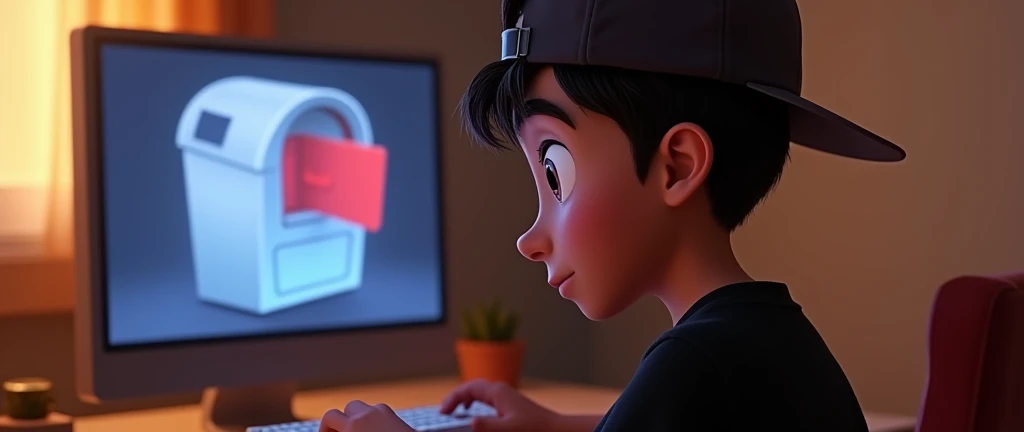 ( male character) a young boy animated film in the Disney Pixar style, high qualiy, best quality , pretty face dark skin, short and straight hair , beautiful eyebrow , wears black shirt , wears a cap backwards, is messing around on the computer in his room, on the mailbox screen , hands on keyboard , suprised 