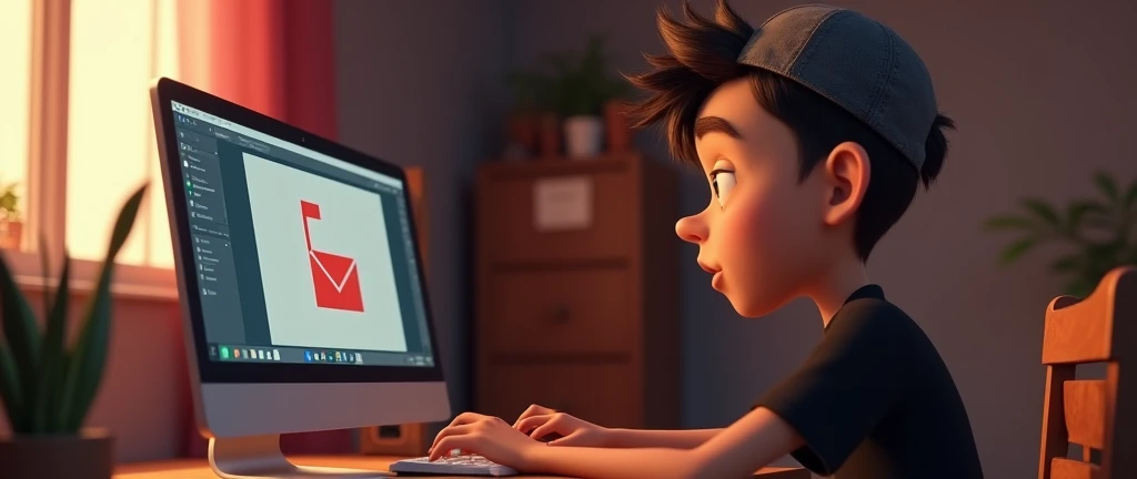 ( male character) a young boy animated film in the Disney Pixar style, high qualiy, best quality , pretty face dark skin, short and straight hair , beautiful eyebrow , wears black shirt , wears a cap backwards, is messing around on the computer in his room, on the mailbox screen , hands on keyboard , suprised 