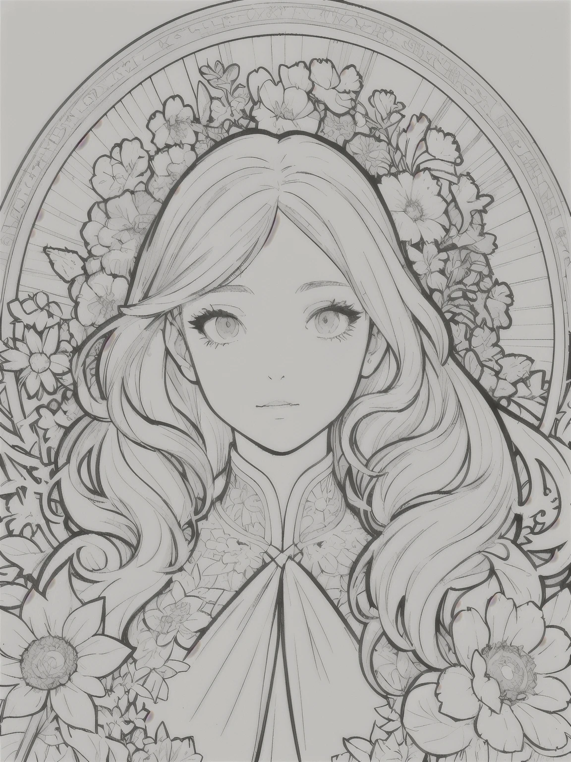 European woman face portrait、Long Curly Hair、blonde、Floral frame、Decorative panel、Abstract Art of Alphonse Mucha、sketch、Character Line、Scenes without color or shadows。 (masterpiece、Highest quality、High resolution:1.4)、detailed、複雑なdetailed、4K、Splashes of color、Line art、Fibonacci、