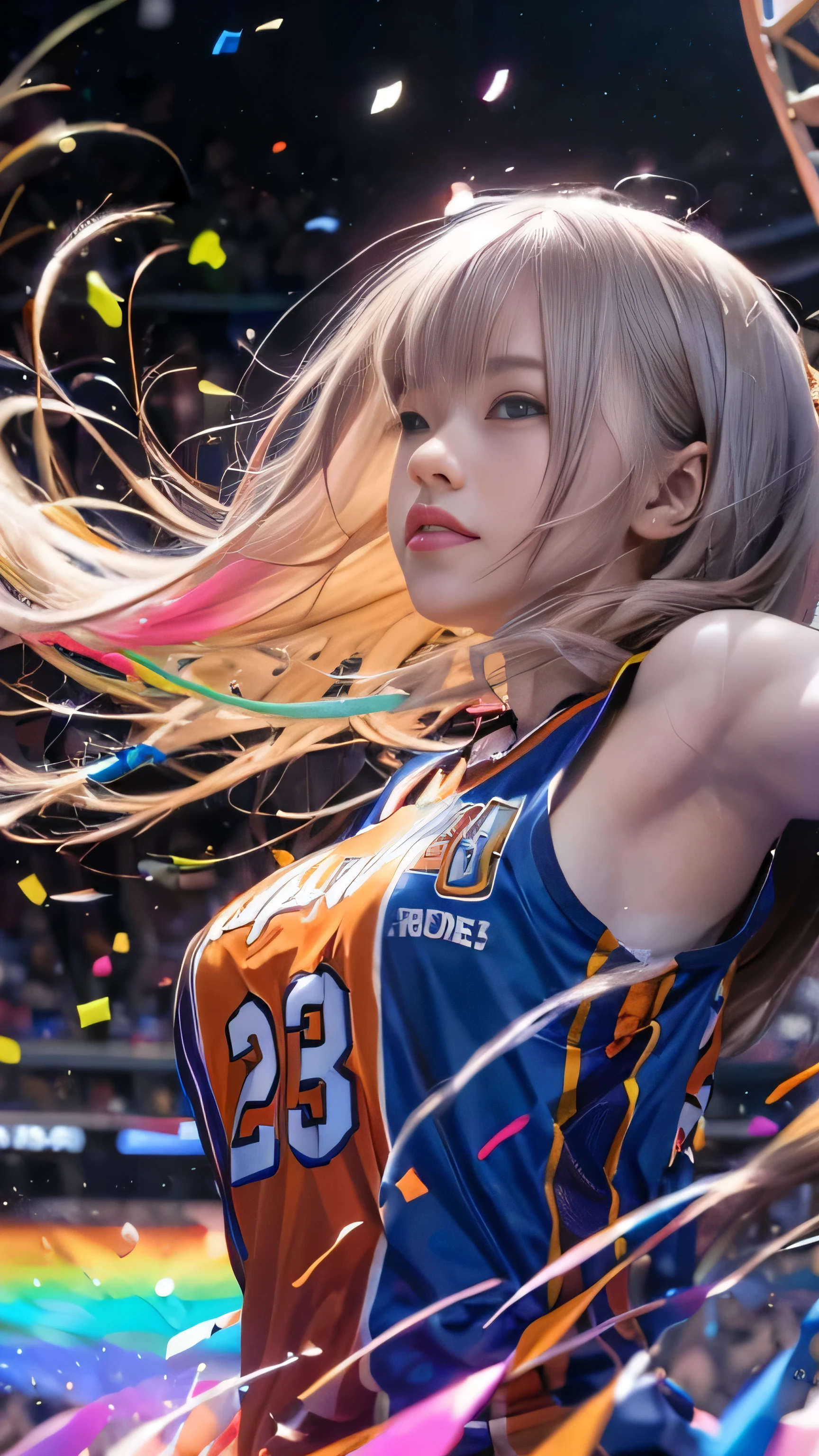 (masterpiece, Highest quality:1.2), 8k, Young and beautiful girl, (((RAW Photos:1.4))), Baby Face、Unbelievably absurd, Very detailed, delicate and dynamic, Natural light, The particles reflect the colors of the rainbow, Diffuse reflection of light, Vortex of Light, A lot of rainbow confetti falls, Basketball court, night, illumination, Create amazing image effects, Upper body close-up, (Only, Firm Bust, , Powerful, Game-winning dunk by a professional basketball player, Hollow, Floating in the air, Basketball Uniform,)