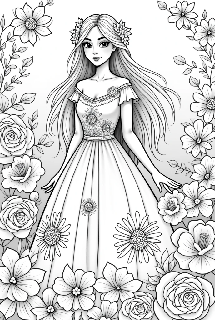 Give me a cute and fantastic lady coloring book pages flowers background no color no grayscale no shadow high details but the design is simple and bold 