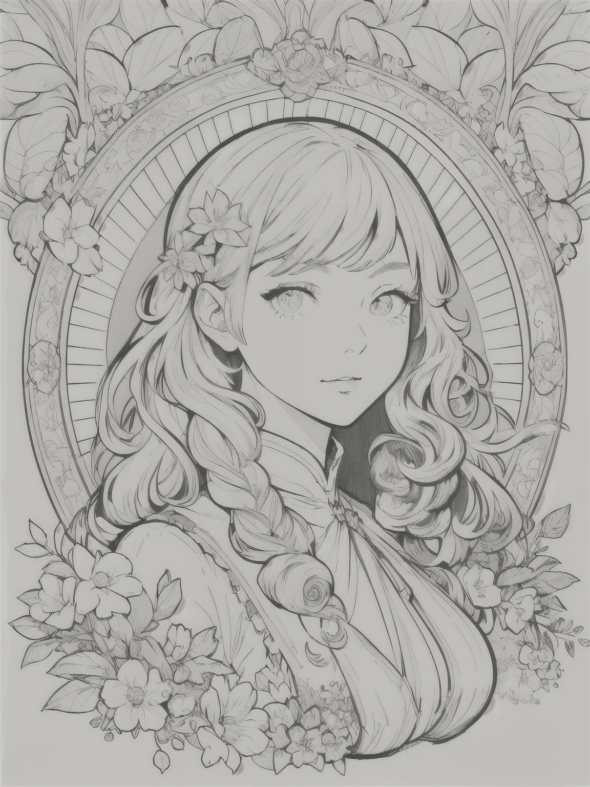 European woman face portrait、Long Curly Hair、blonde、Floral frame、Decorative panel、Abstract Art of Alphonse Mucha、sketch、Character Line、Scenes without color or shadows。 (masterpiece、Highest quality、High resolution:1.4)、detailed、複雑なdetailed、4K、Splashes of color、Line art、Fibonacci、