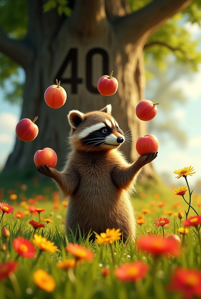 A realistic looking raccoon juggles 4 peaches in a meadow, a tree can be seen in the background, the number 40 is carved into the trunk. 