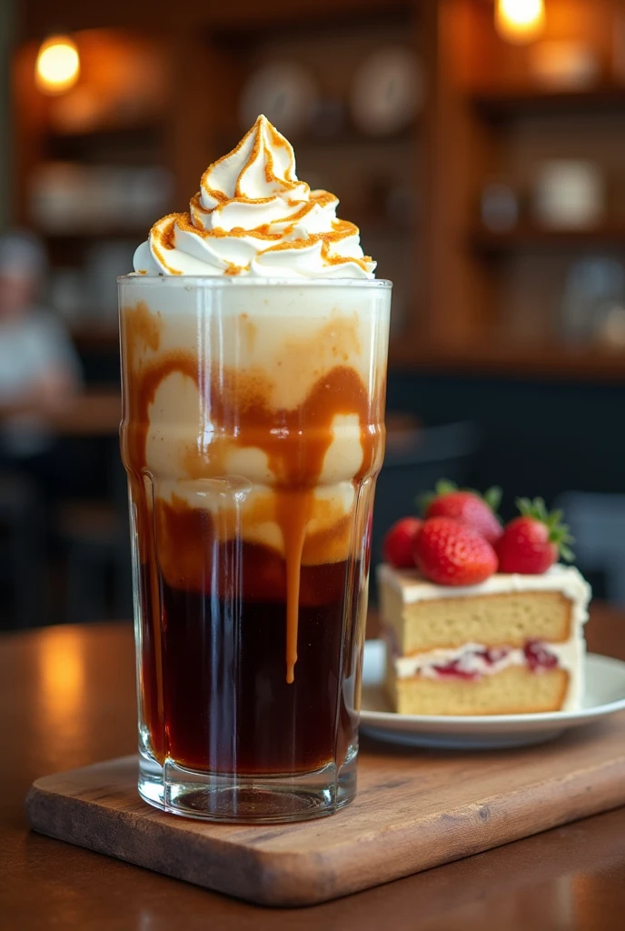 Layered iced coffee in a Libbey Dimple Stein glass. There is crushed ice, three layers of coffee, dark brown coffee at the bottom and a thin layer of cream on top. In the middle is a coffee-infused caramel. On top of the glass is whipped cream and butterscotch. The caramel is being drizzled. There is a slice of strawberry cake. There are strawberries on the cake, placed next to it.