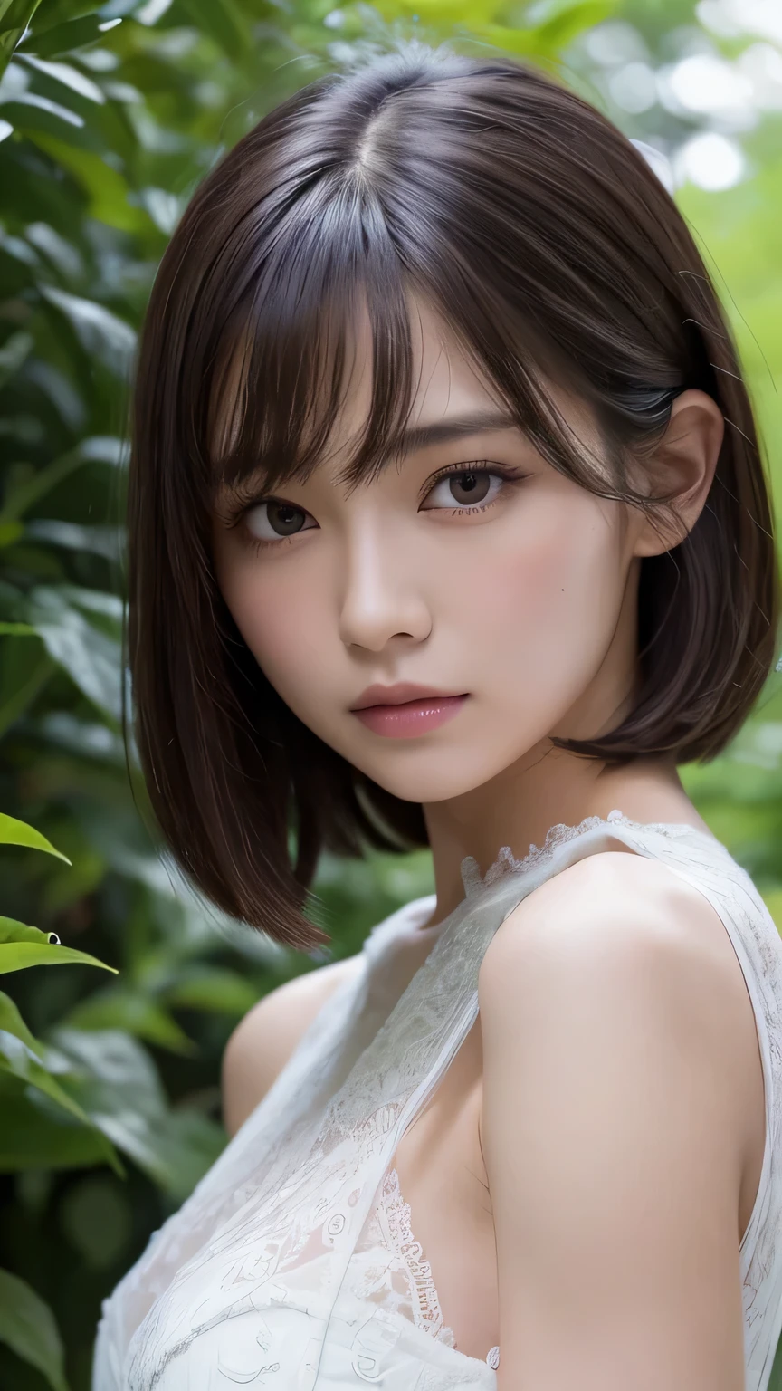 (Ultra-realistic), (figure), (High resolution), (8k), (Very detailed), (Best figure), (Beautiful and detailed), (Highest quality), (Super detailed), (masterpiece), (wallpaper), (Detailed face), alone, One Girl, watching viewer, Less exposure、Fine details, Detailed face, In the Dark, Deep Shadow, Modest, Pure Erotic Face Ace_v1, cool, short hair, Pointed diagonal bangs,Standing on the grassland、Pensive、Beautiful views