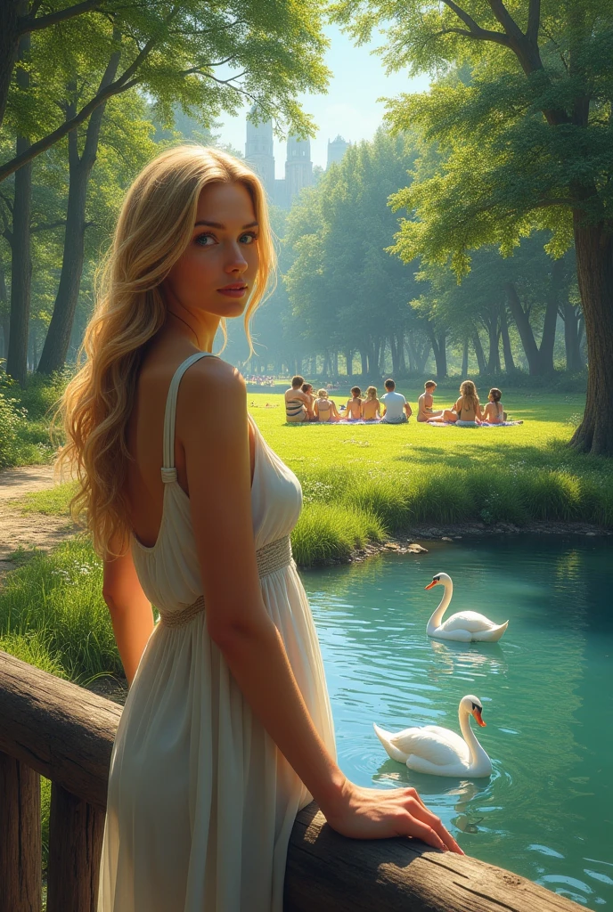 A woman with blonde hair and blue eyes is watching the flowing river with her hand on the beams of a bridge with a dull back. The weather is clear and sunny. She is wearing a summer dress.. There are people having picnics and trees around it, and there are swans on the river.
