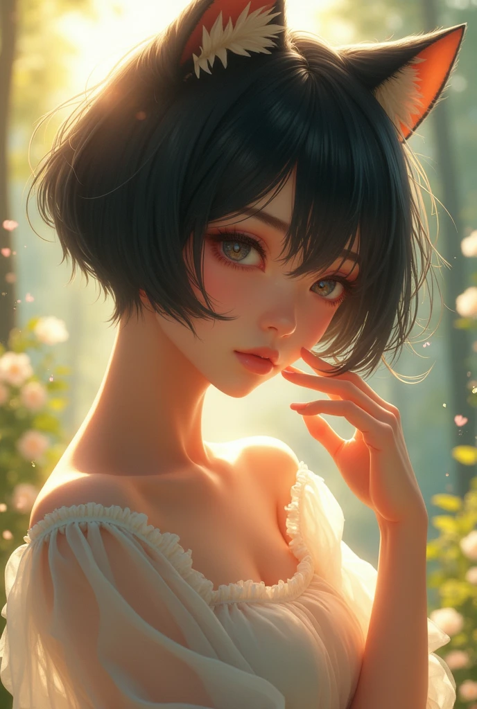 (8k, original photo, best quality, masterpiece:1.2), lexistdexist (Azure Lane), fantasy_world, 1 girl, (Egiosar:1), Cute, Ageing, (Japanese Pop Music_Idol), Delicate and beautiful skin, Huge breasts, Animal ears, black hair, Cat ears, Gray eyes, short hair, sad hand exist own Face,  (Realistic:1.8), focus_exist_Face, look down, raise arms,  Sunlight Milk, professiexistal lighting, photexist mapping, Light energy transfer, Physically based rendering, daytime, outdoor,