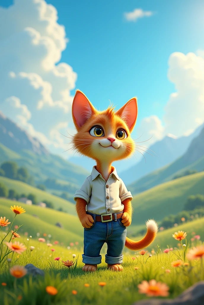 The animated cat dressed in white shirt and blue jeans looking out at the world, with a wise expression, as if to say "Believe in yourself, and you can overcome