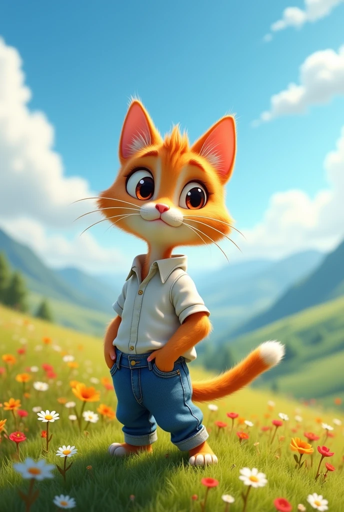 The animated cat dressed in white shirt and blue jeans looking out at the world, with a wise expression, as if to say "Believe in yourself, and you can overcome