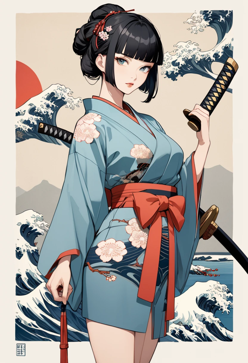 Ukiyo-e、Ocean、Kimono dress,Black Hair、blunt bangs、Samurai、Japanese sword, face, Modern design, 1 female,Sexy concept,