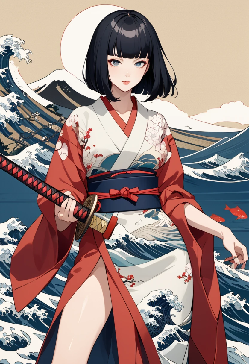Ukiyo-e、Ocean、Kimono dress,Black Hair、blunt bangs、Samurai、Japanese sword, face, Modern design, 1 female,Sexy concept,