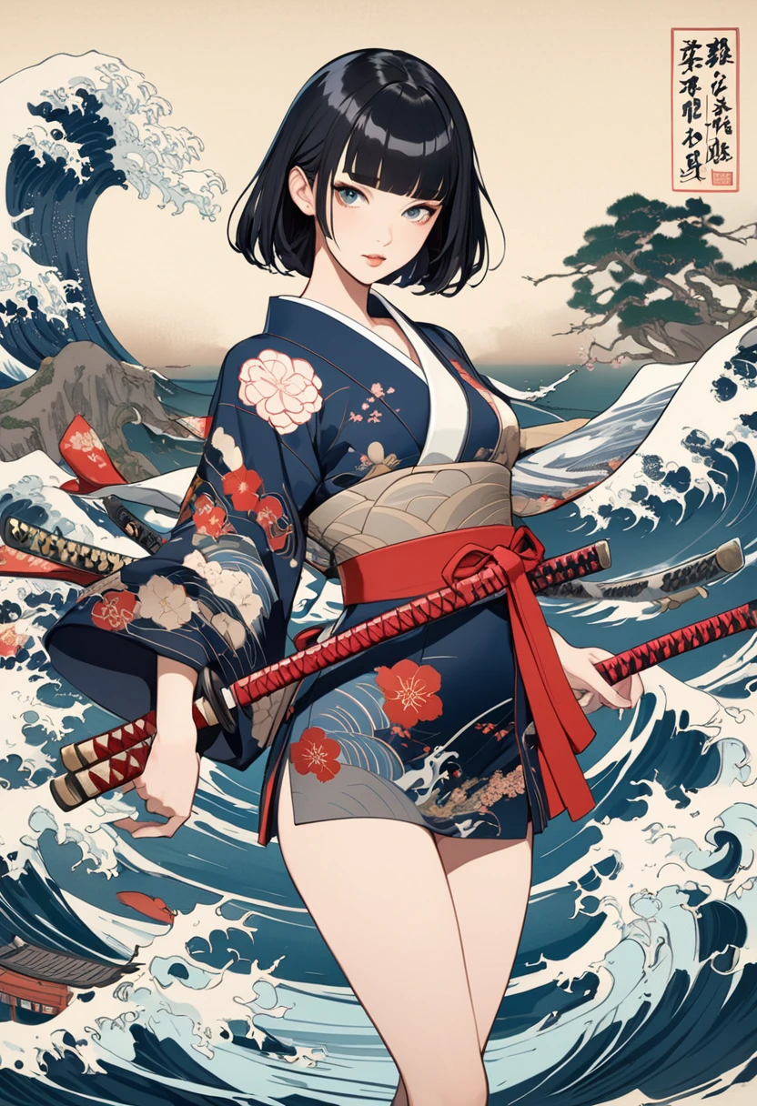 Ukiyo-e、Ocean、Kimono dress,Black Hair、blunt bangs、Samurai、Japanese sword, face, Modern design, 1 female,Sexy concept,