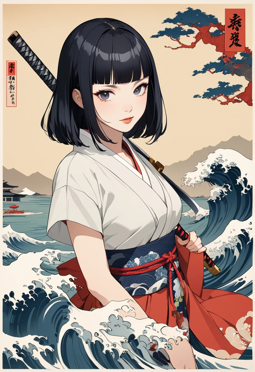 Ukiyo-e、Ocean、Kimono dress,Black Hair、blunt bangs、Samurai、Japanese sword, face, Modern design, 1 female,Sexy concept,