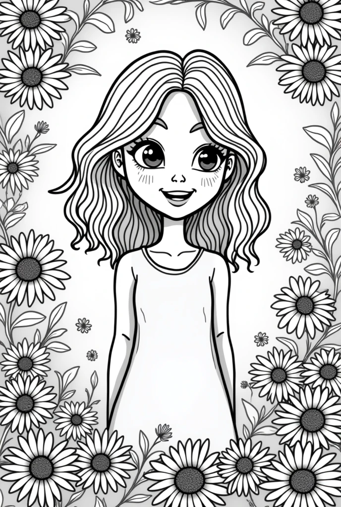 Give me a cute and fantastic lady coloring book pages flowers background no color no grayscale no shadow high details but the design is simple and bold