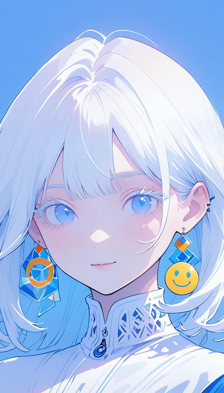 The Minimalists,Fashion Girl,White hair,Blue Background,Wear special earrings,Bohemian style,Clear lashes,Bright blue eyes,Clean通透的眼珠,closure,Smiley face flat illustration,geometry,Clean,Japanese Manga