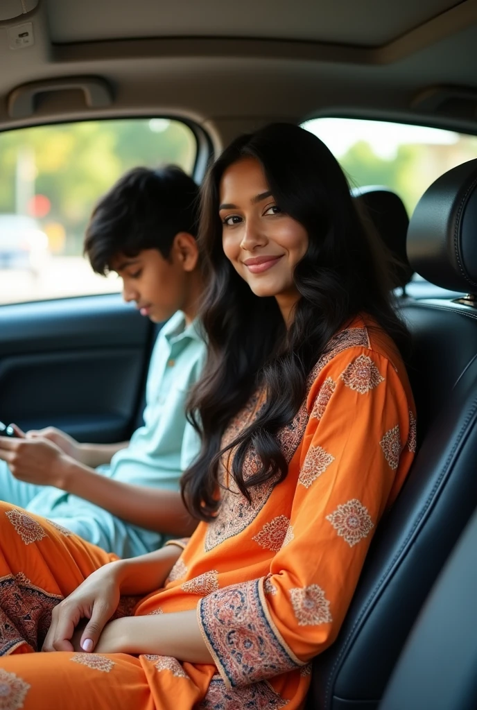 Indian 24 years old girl, wears kurta and pajama, having long hair, sexual naughty expressions on face, seating on back seat of the car with her 18 year old brother. 
