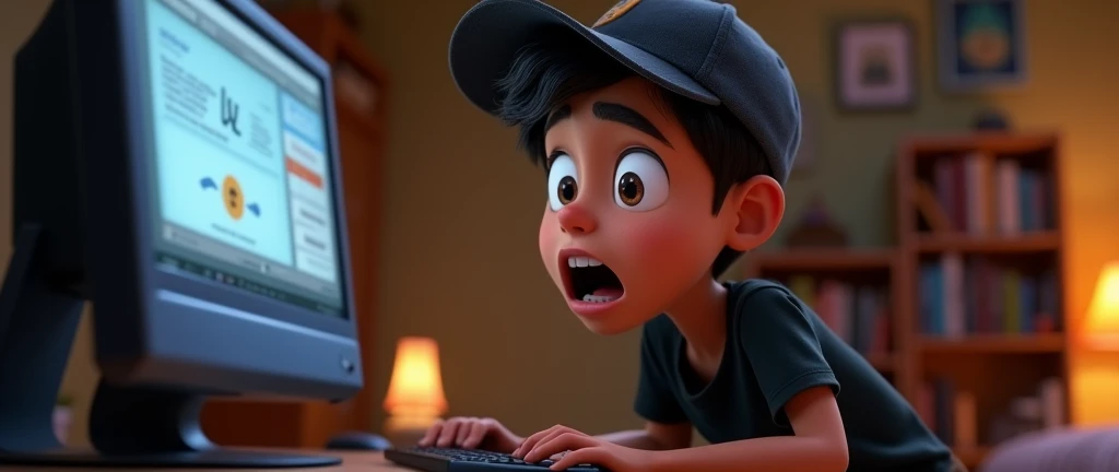 ( male character) a young boy animated film in the Disney Pixar style, high qualiy, best quality , pretty face dark skin, short and straight hair , beautiful eyebrow , wears black shirt , wears a cap backwards, is messing around on the computer in his room, on the mailbox screen , hands on keyboard , viewed from the front of the computer, facial expression of shock on the face, scared, wide eyes and open mouth